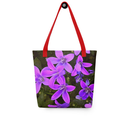 Eco-friendly floral bag with purple flowers and red handles from NUSH'S STORE