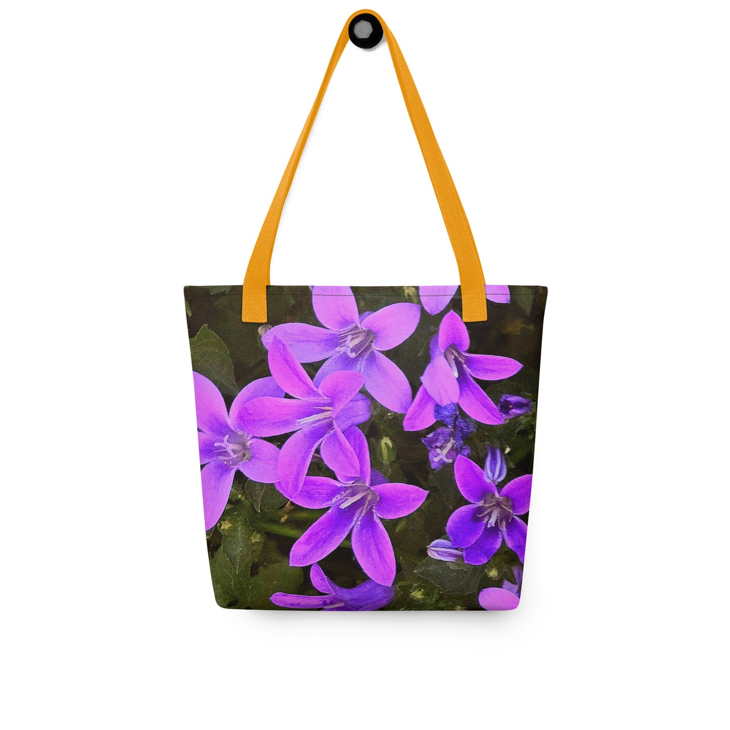Eco-friendly floral bag with purple flower design and orange handles from NUSH'S STORE