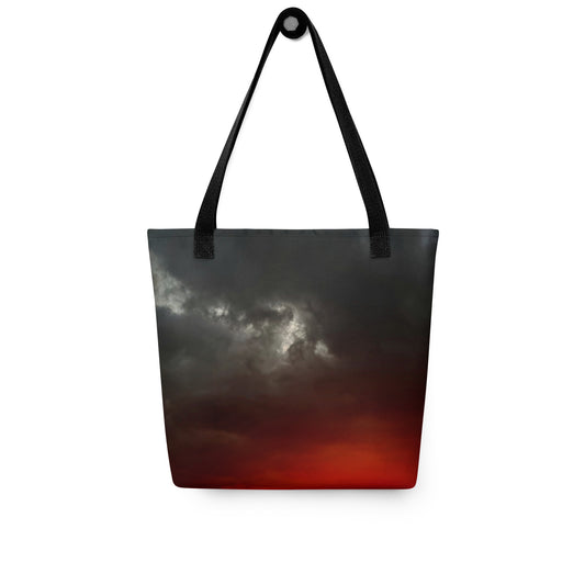 Eco-friendly reusable shopping bag A CLOUDY SUNSET PRINT with black handles and dark moody sky design