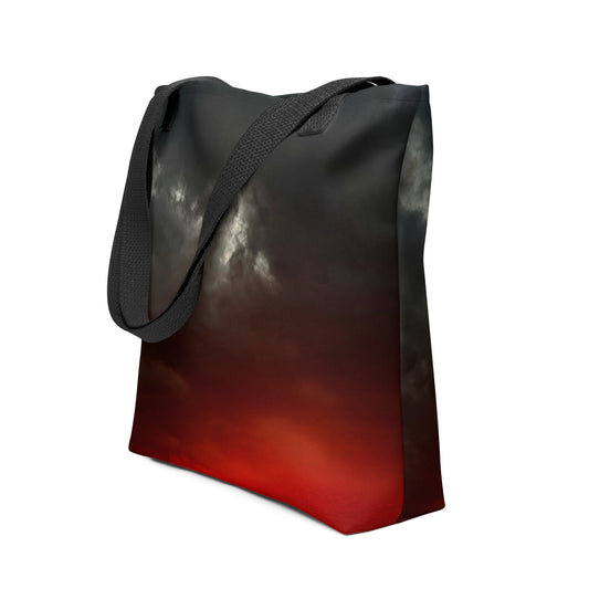 Eco-friendly reusable shopping bag A CLOUDY SUNSET PRINT with black straps and vibrant red and dark cloudy design