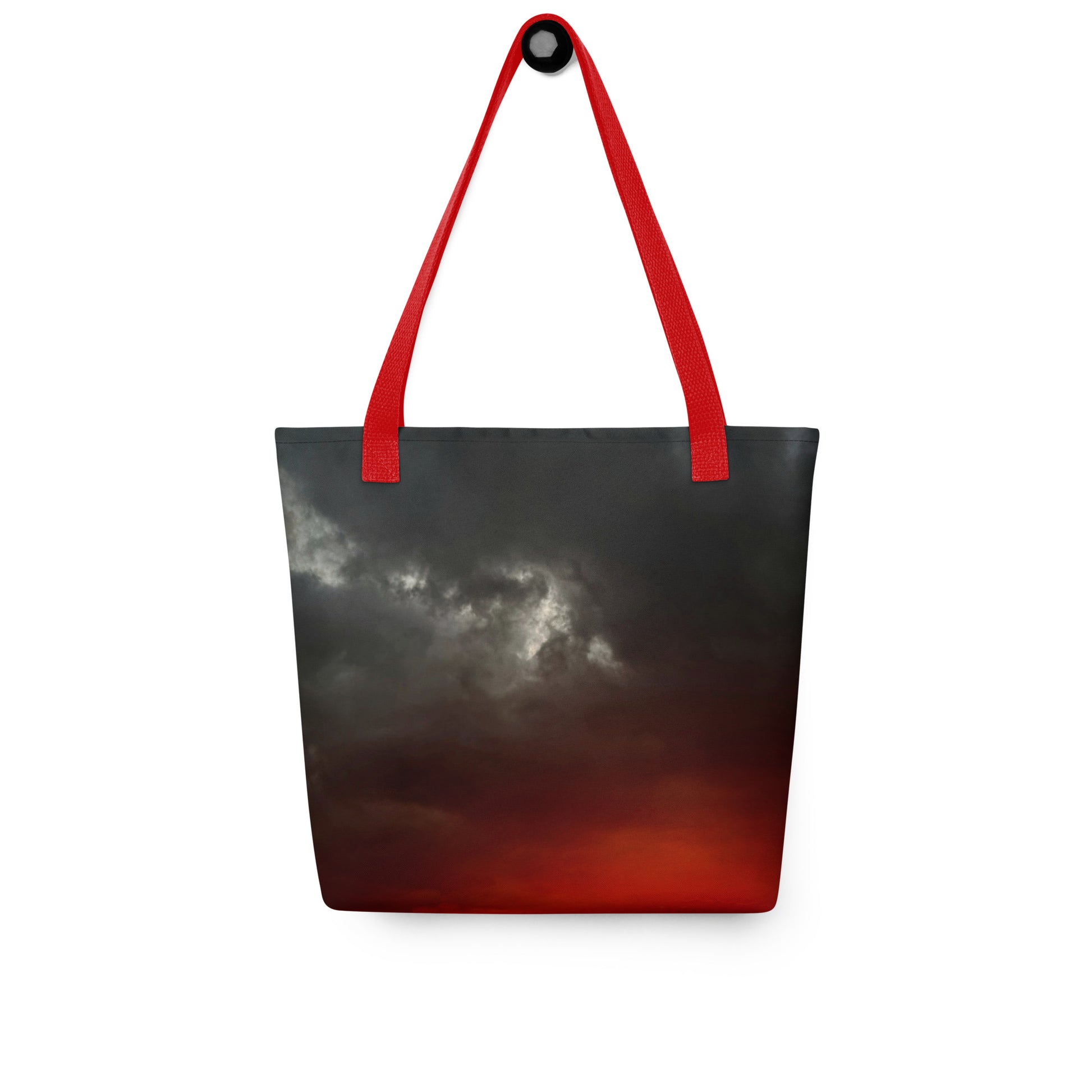Eco-friendly reusable shopping bag A CLOUDY SUNSET PRINT with red handles and dark sky design