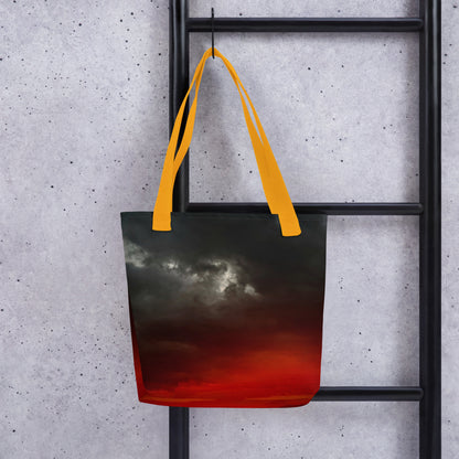 Eco-friendly reusable shopping bag A CLOUDY SUNSET PRINT with dark stormy sky and orange straps