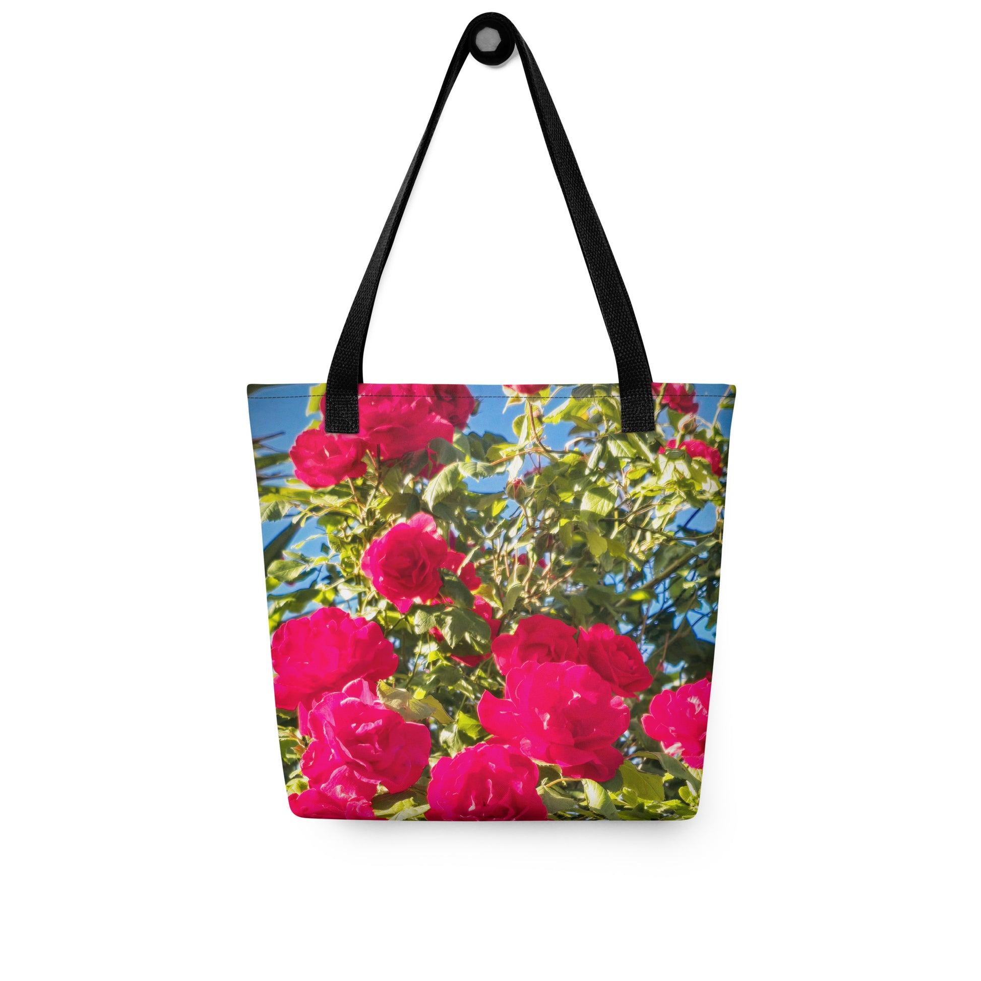 Eco-friendly summer beach bag ROSE PRINT with vibrant pink roses and black handles from NUSH'S STORE