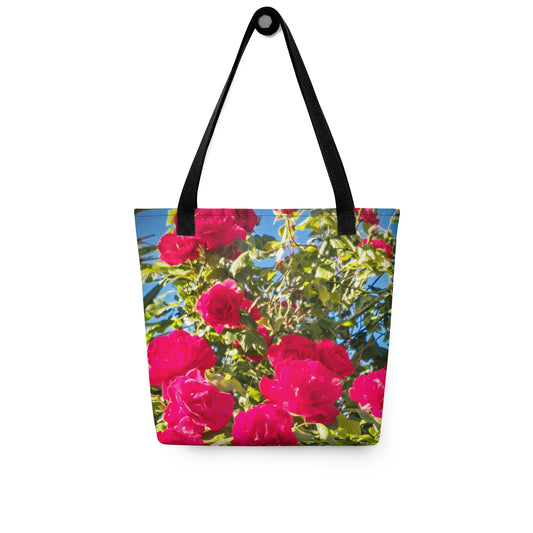 Eco-friendly summer beach bag ROSE PRINT with vibrant pink roses and black handles from NUSH'S STORE