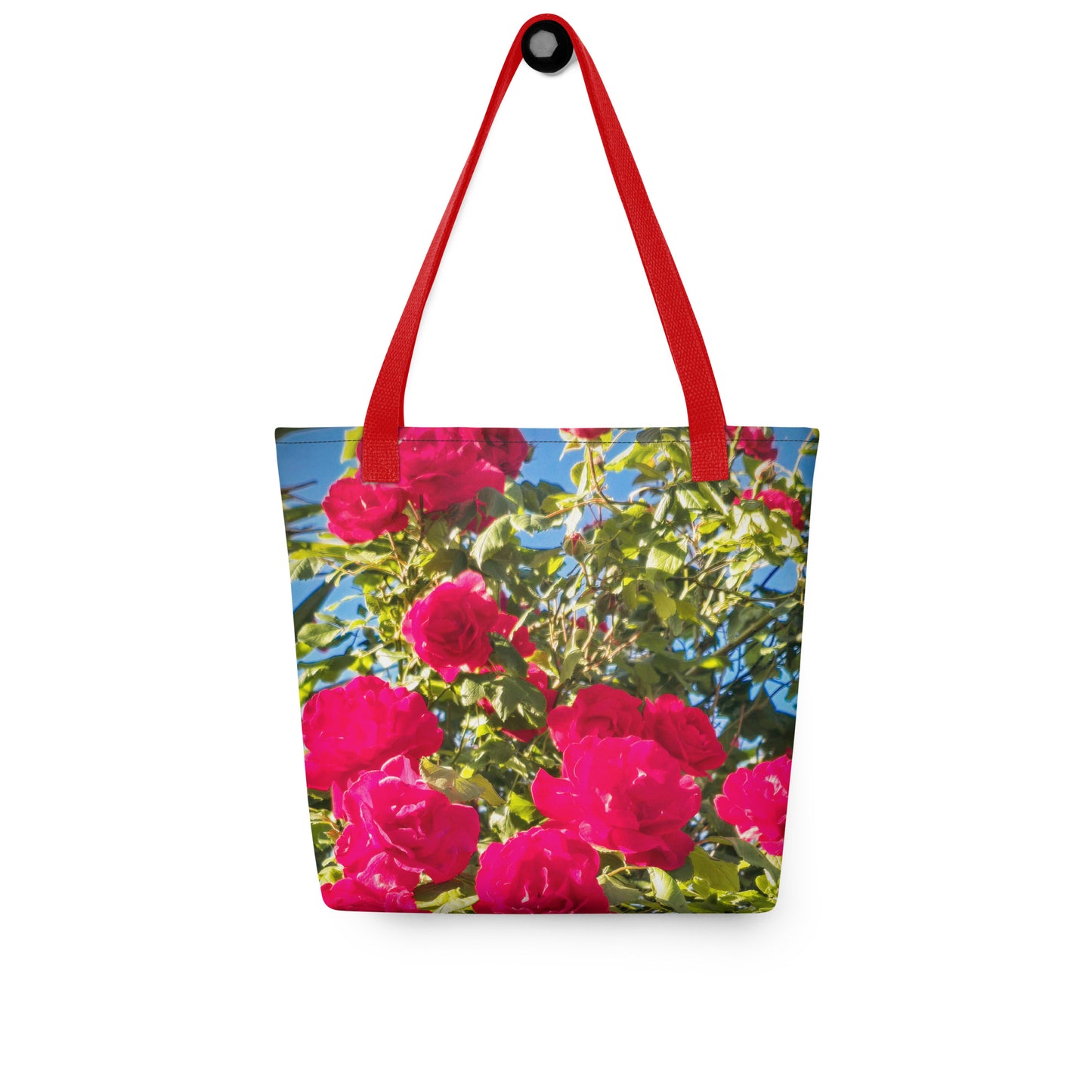 Eco-friendly summer beach bag ROSE PRINT with vibrant pink roses and red handles from NUSH'S STORE