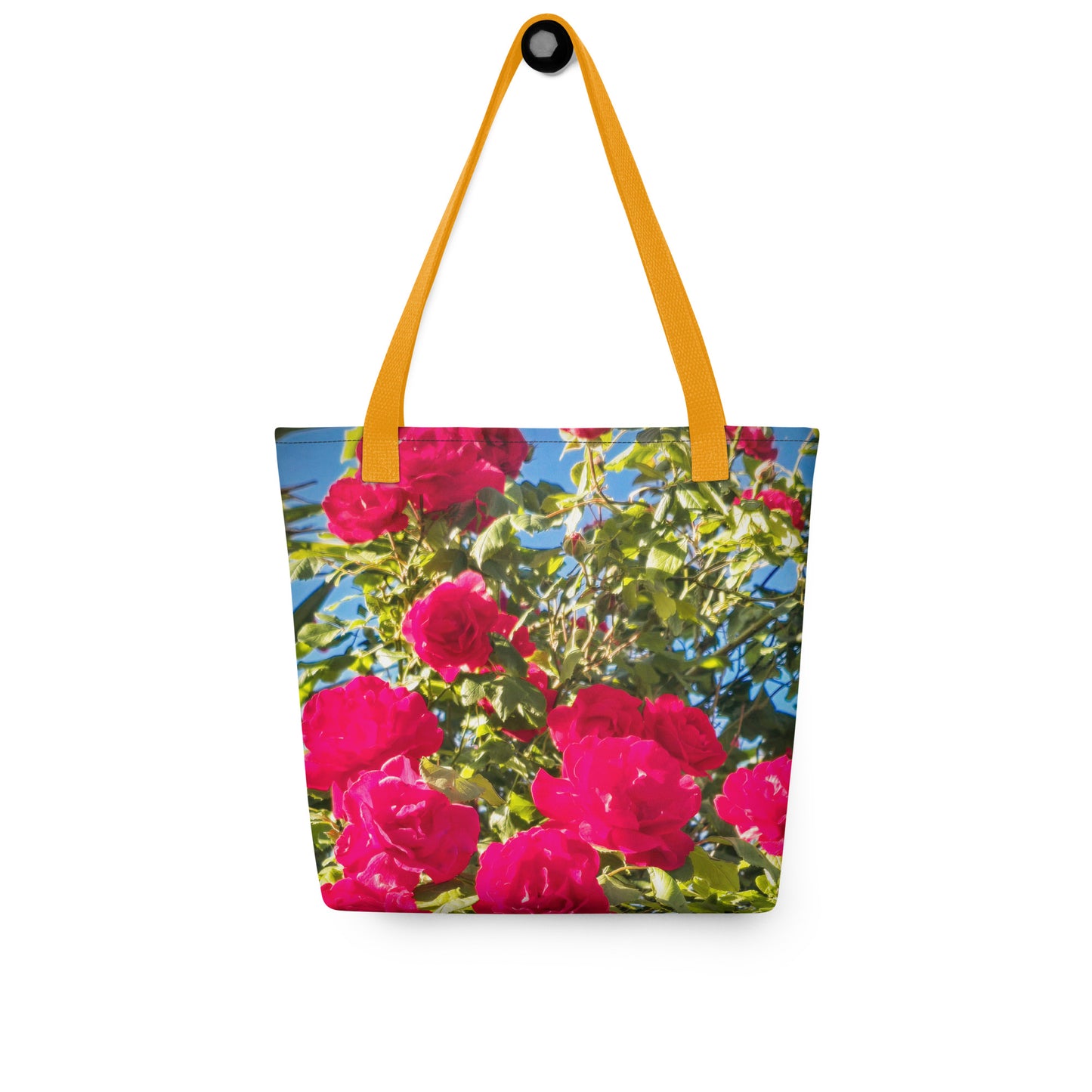 Eco-friendly summer beach bag ROSE PRINT with bright pink roses and yellow handles