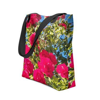 Eco-friendly summer beach bag ROSE PRINT with bright pink roses and black shoulder strap