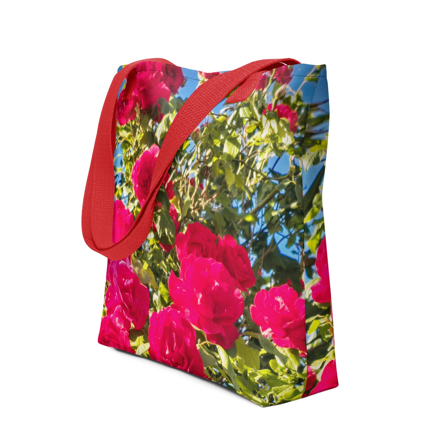 Eco-friendly summer beach bag ROSE PRINT with vibrant pink roses and red straps from NUSH'S STORE