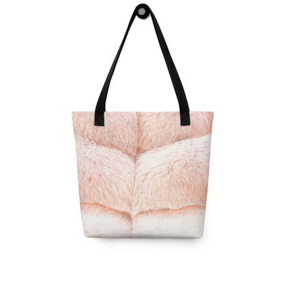 Faux fur print tote bag with soft beige and white fur texture and black handles
