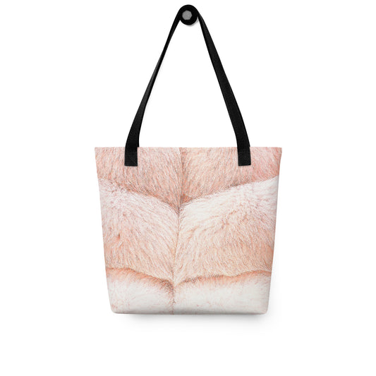 Faux fur print tote bag with soft beige and white fur texture and black handles