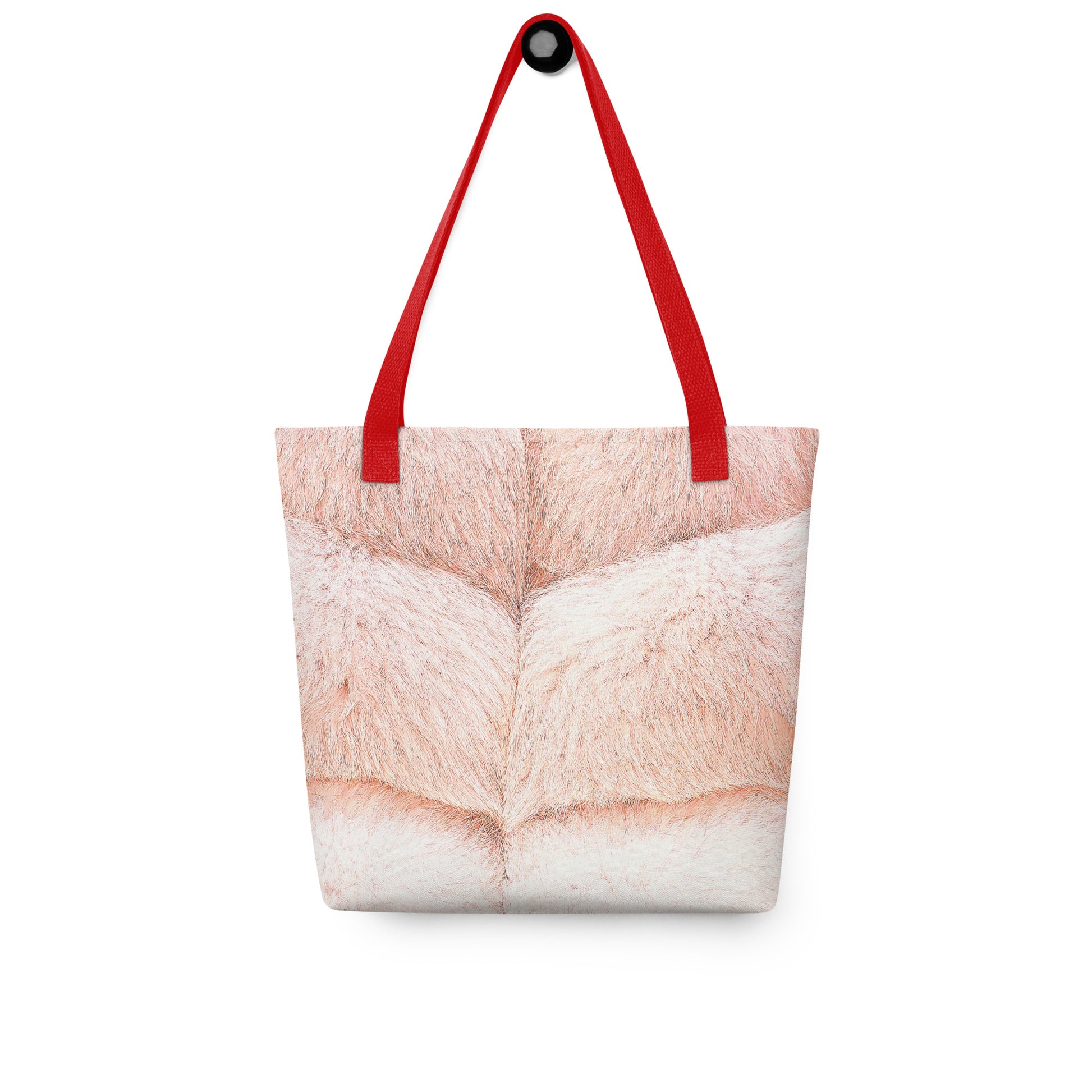NUSH'S STORE faux fur print tote bag with red handles featuring soft beige and white fur design