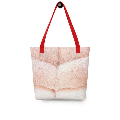 NUSH'S STORE faux fur print tote bag with red handles featuring soft beige and white fur design
