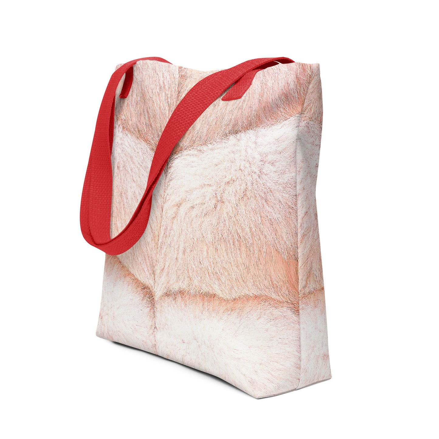 NUSH'S STORE faux fur print tote bag with soft texture and red shoulder straps