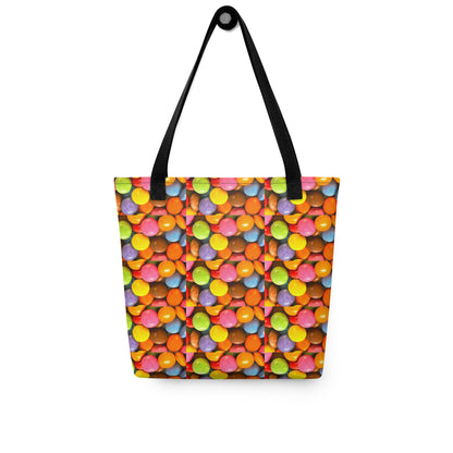 NUSH'S STORE fun patterned beach bag SMARTIES PRINT with colorful candy design and black handles