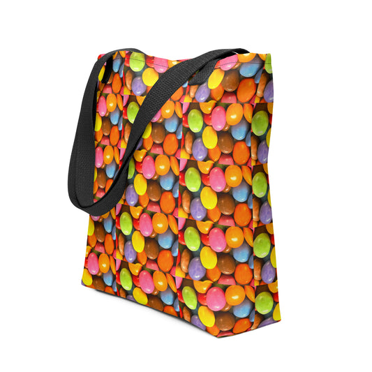 Fun patterned beach bag SMARTIES PRINT with colorful candy design and black handles