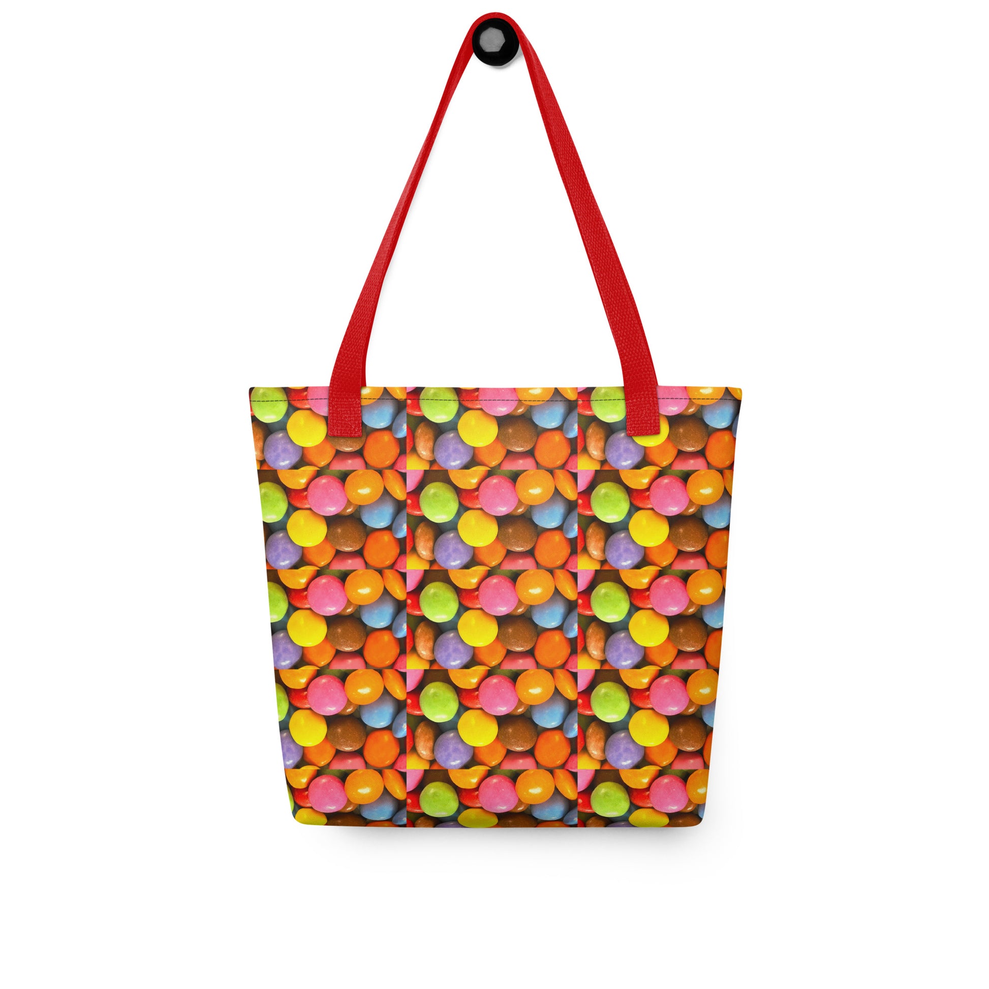 Fun patterned beach bag SMARTIES PRINT with colorful candy design and red straps by NUSH'S STORE