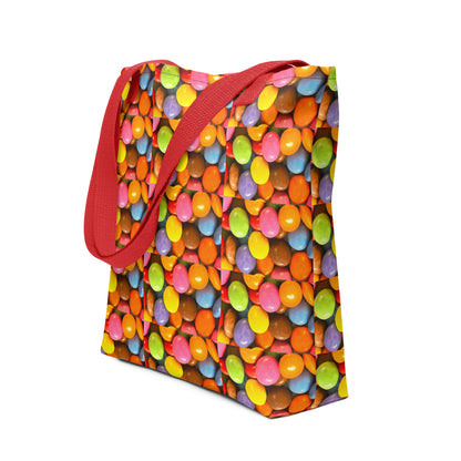 Fun patterned beach bag SMARTIES PRINT with colorful candy design and red shoulder strap from NUSH'S STORE