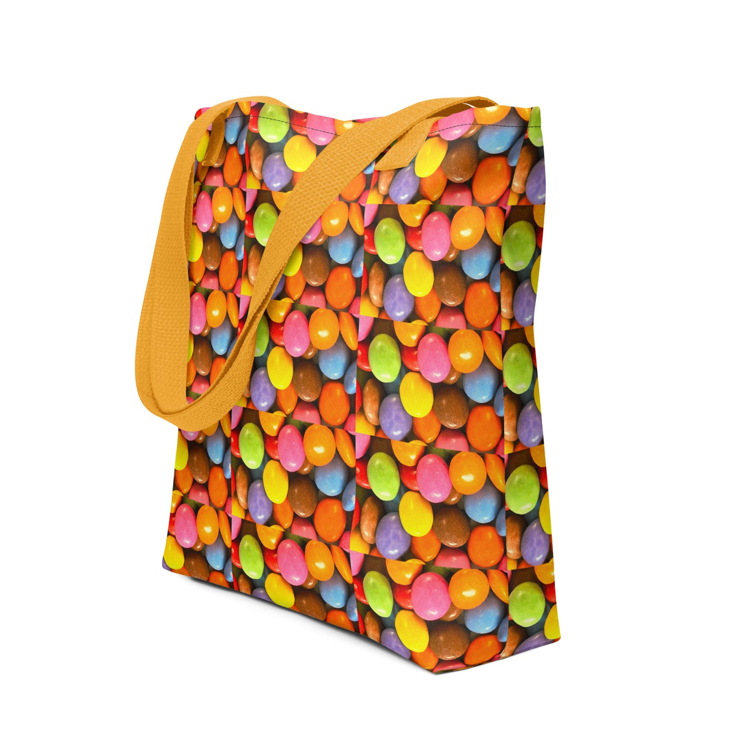 Fun patterned beach bag SMARTIES PRINT with colorful candy design and yellow straps from NUSH'S STORE