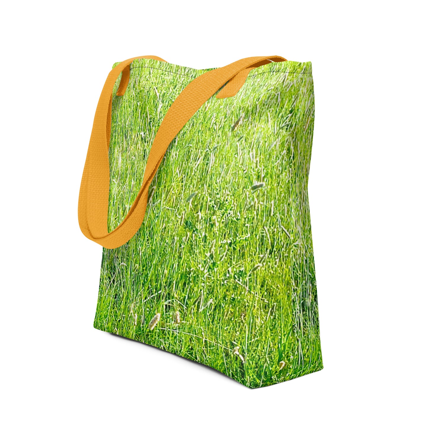 Green grass print tote bag with orange handles by NUSH'S STORE for everyday use
