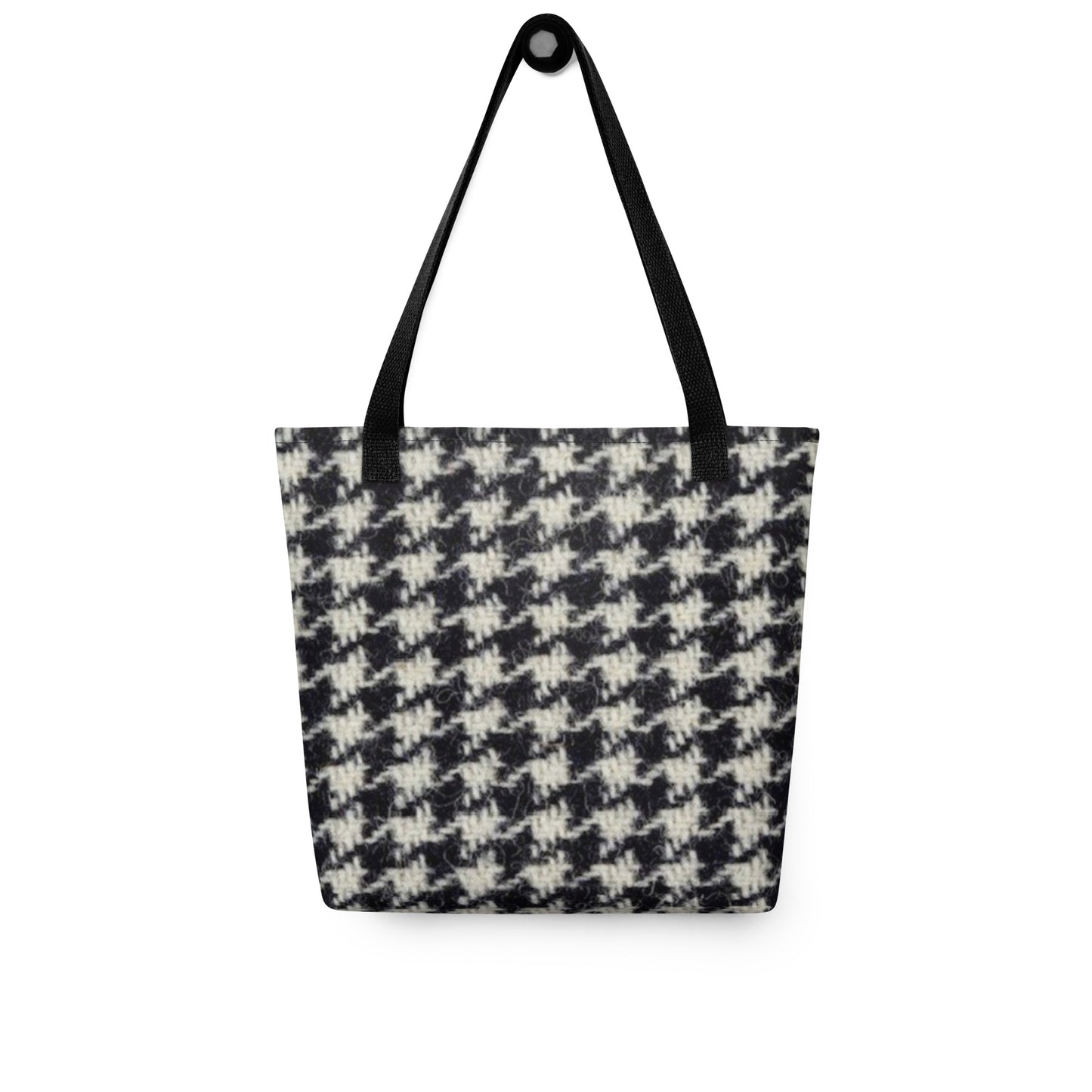 Black and white houndstooth tote bag with black straps from NUSH'S STORE