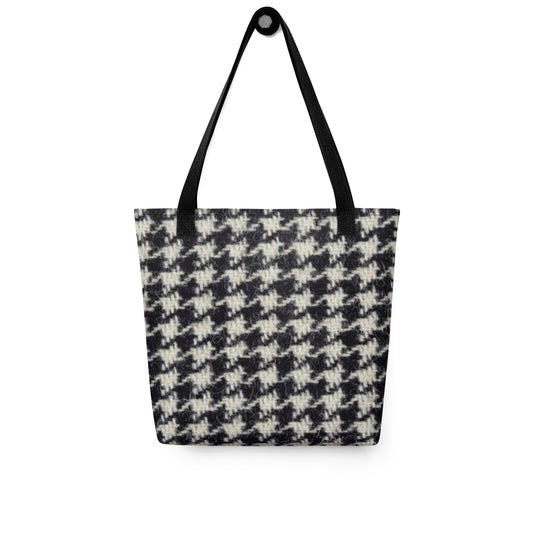 Black and white houndstooth tote bag with black straps from NUSH'S STORE