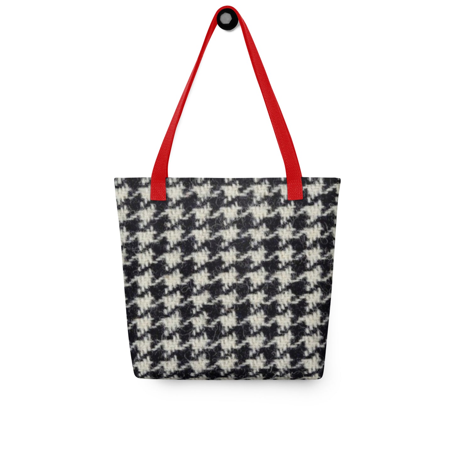 Houndstooth tote bag with black and white pattern and red handles perfect for everyday use