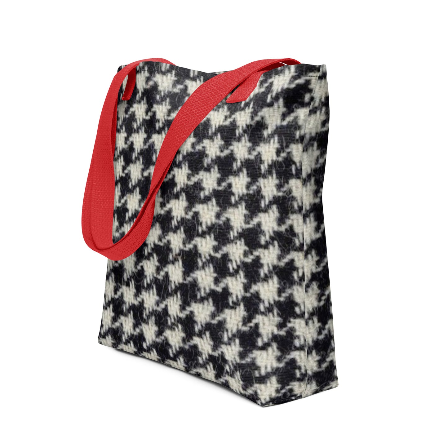 NUSH'S STORE houndstooth tote bag with black and white pattern and red shoulder straps