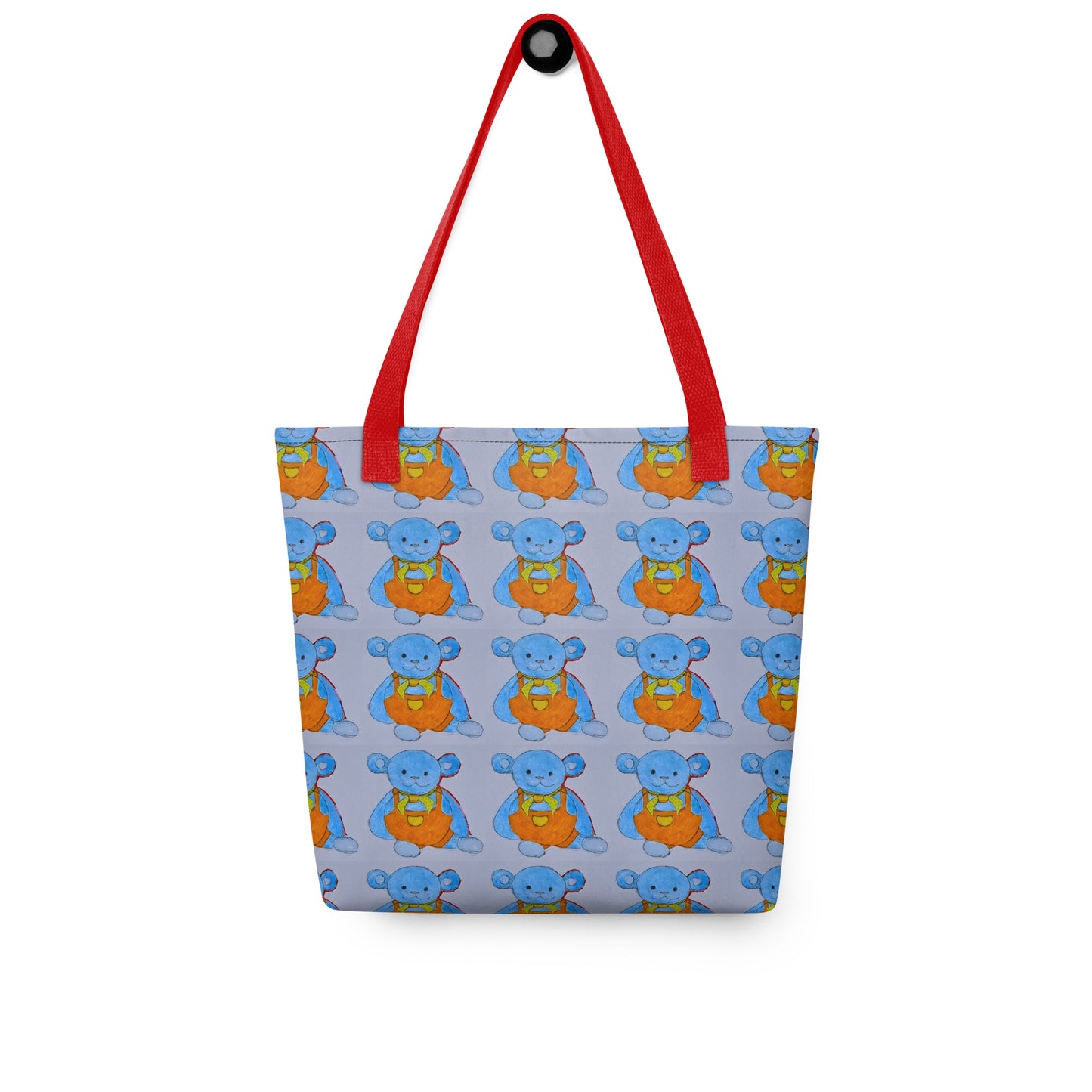 Kids teddy bear tote bag with blue bear print and red handles for children from NUSH'S STORE