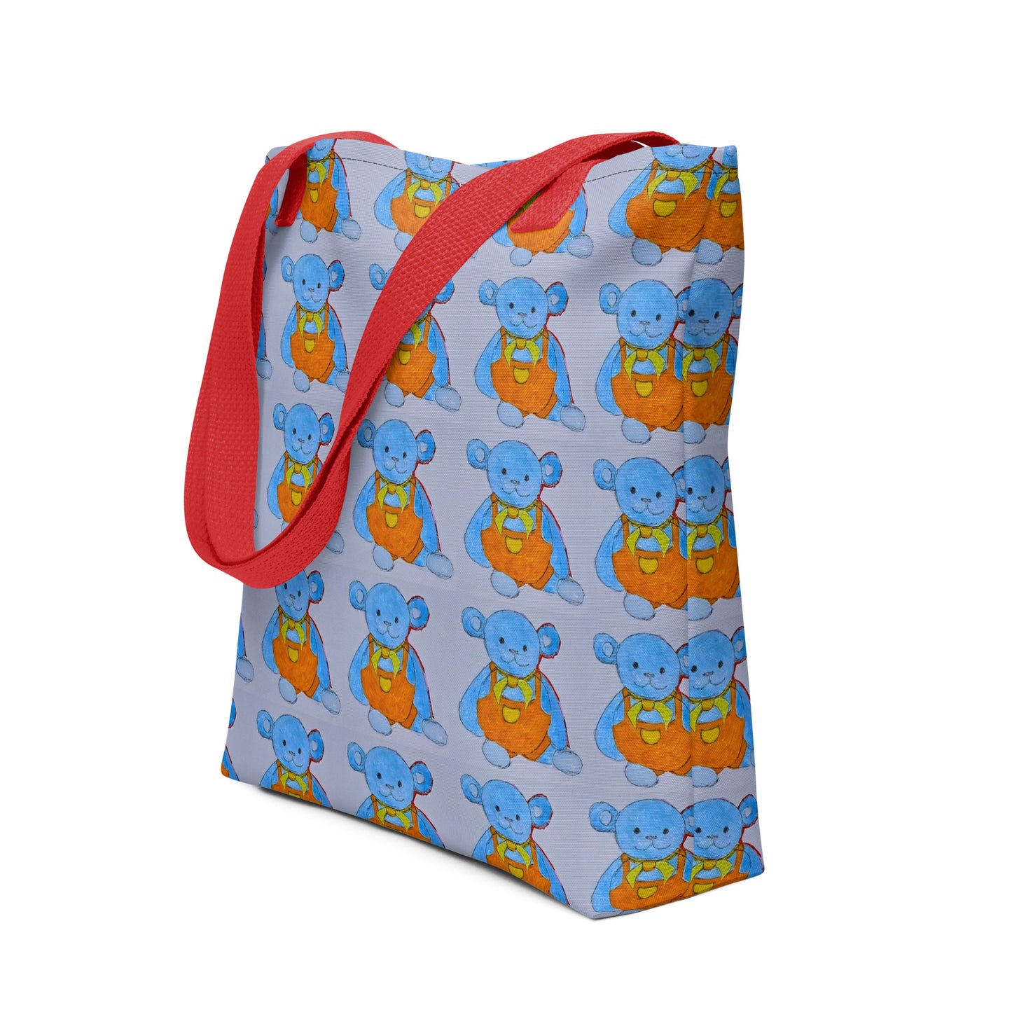 Kids teddy bear tote bag with blue bear pattern and red handles from NUSH'S STORE