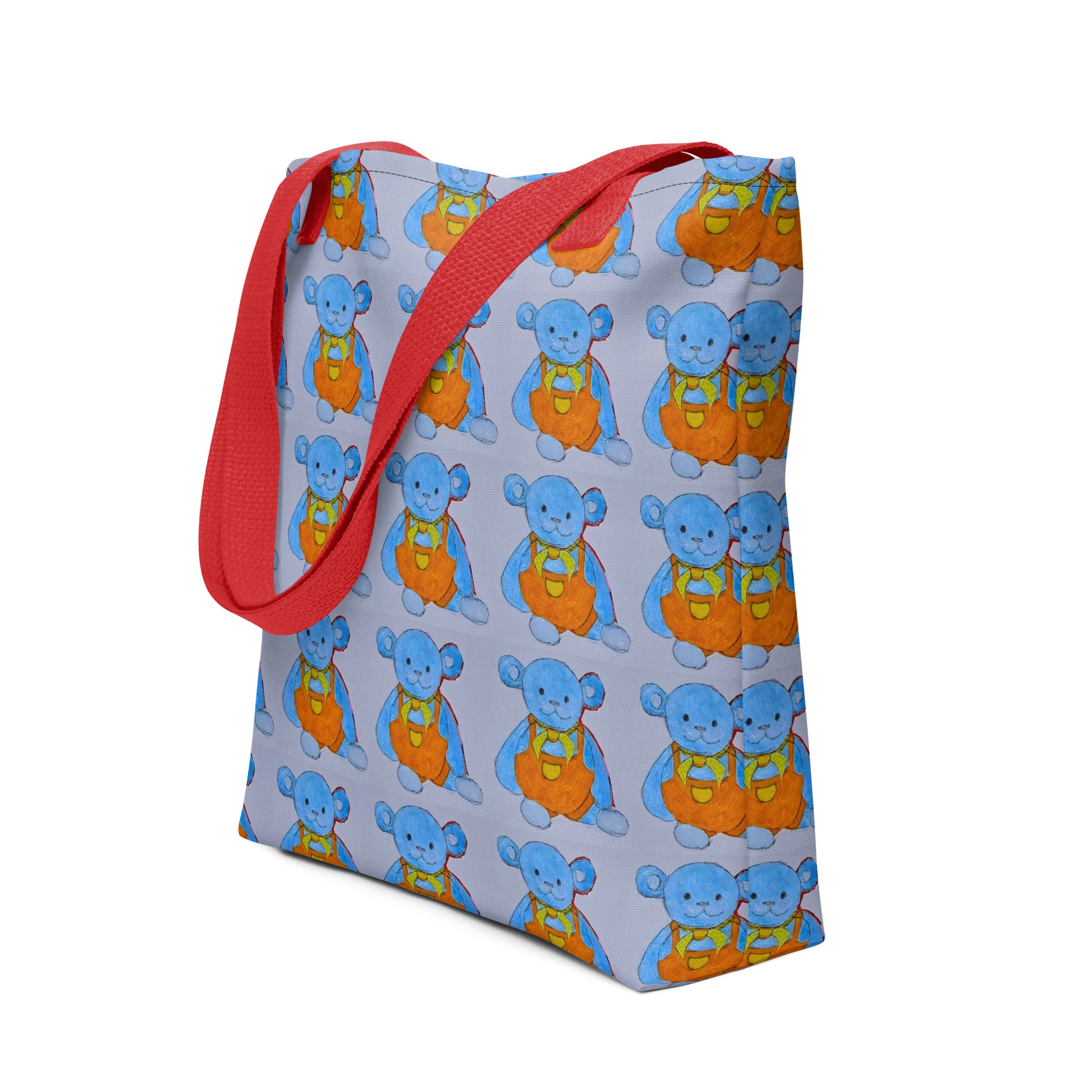 Kids teddy bear tote bag with blue bear pattern and red handles from NUSH'S STORE