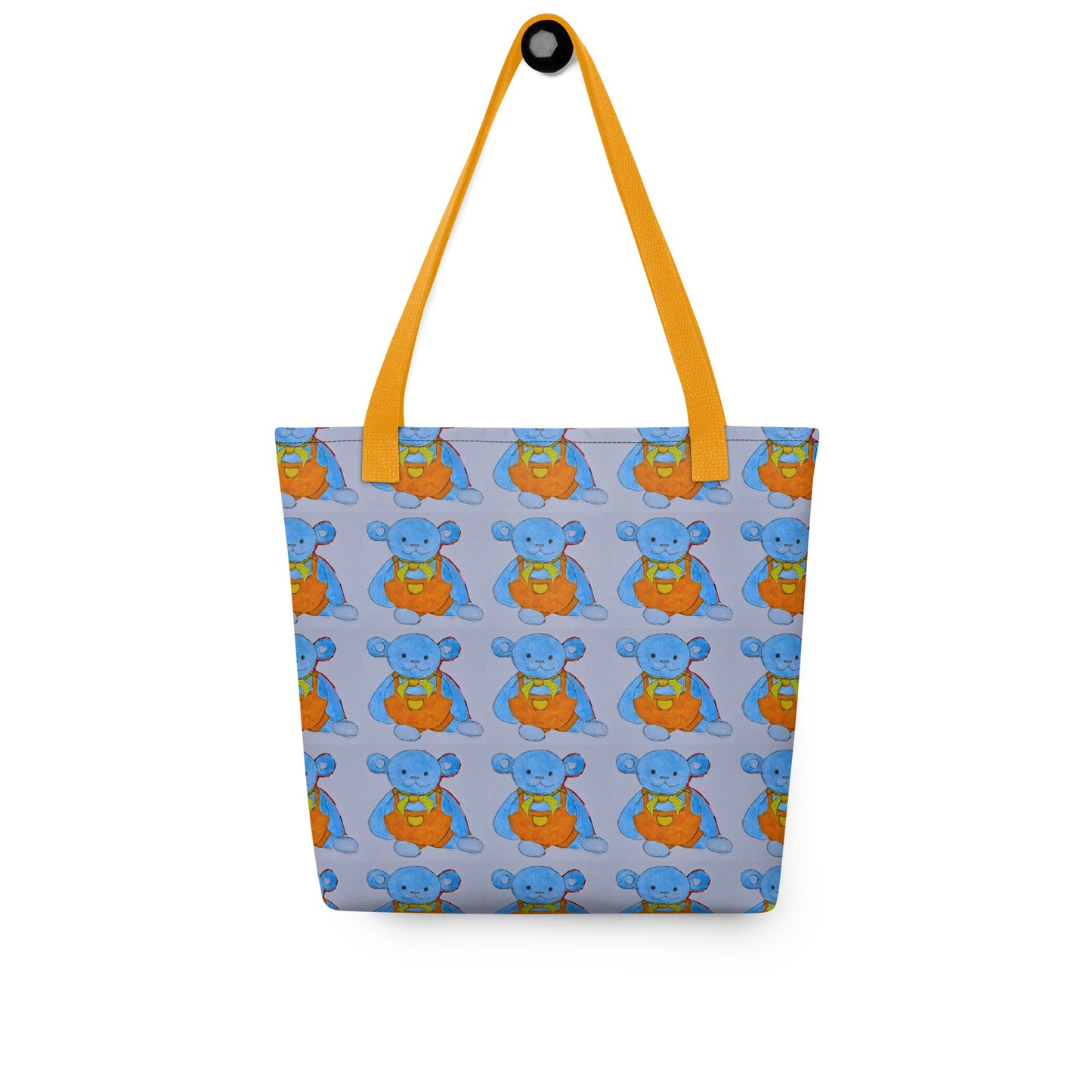 Kids teddy bear tote bag with blue bears and orange straps designed for children