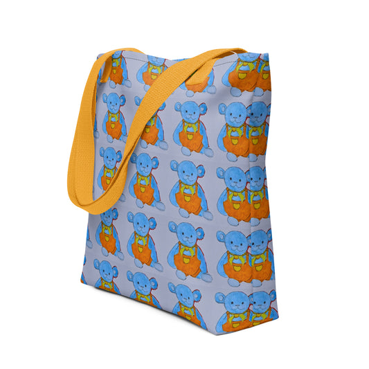 NUSH'S STORE kids teddy bear tote bag with blue bear pattern and yellow straps for children