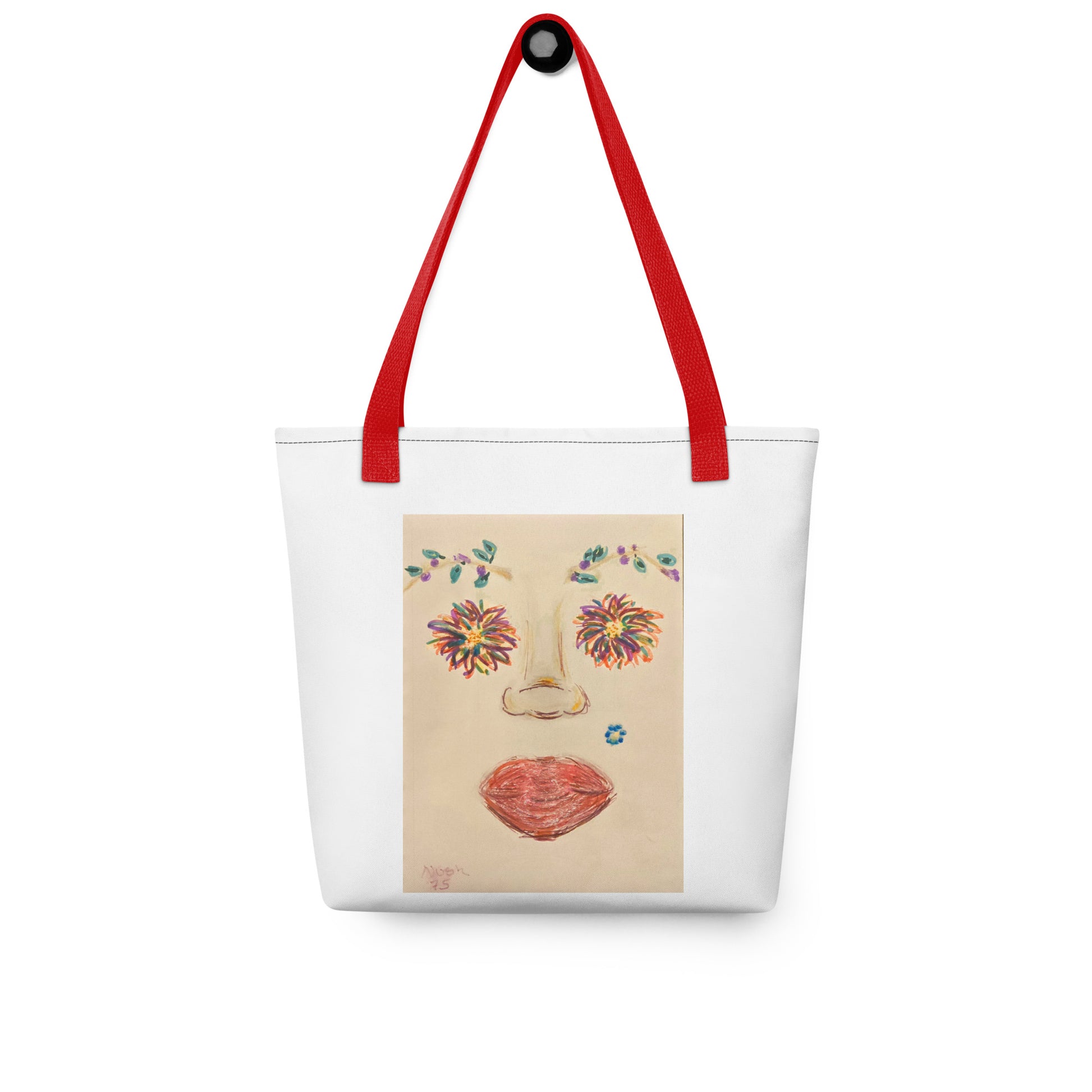 White large canvas tote with face print featuring red lips and floral eyes with red handles