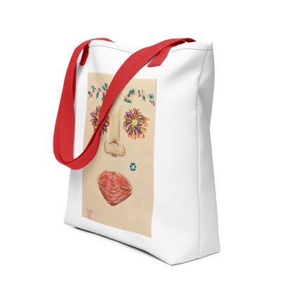 Large canvas tote with face print featuring colorful floral eyes and red lips with red straps