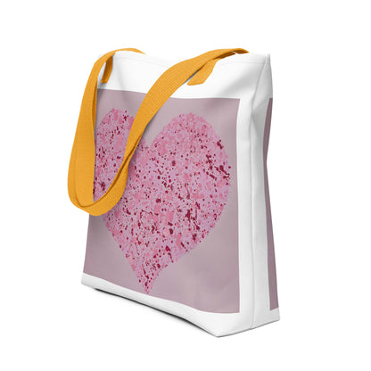 Large canvas tote with heart print in pink and purple with yellow shoulder straps