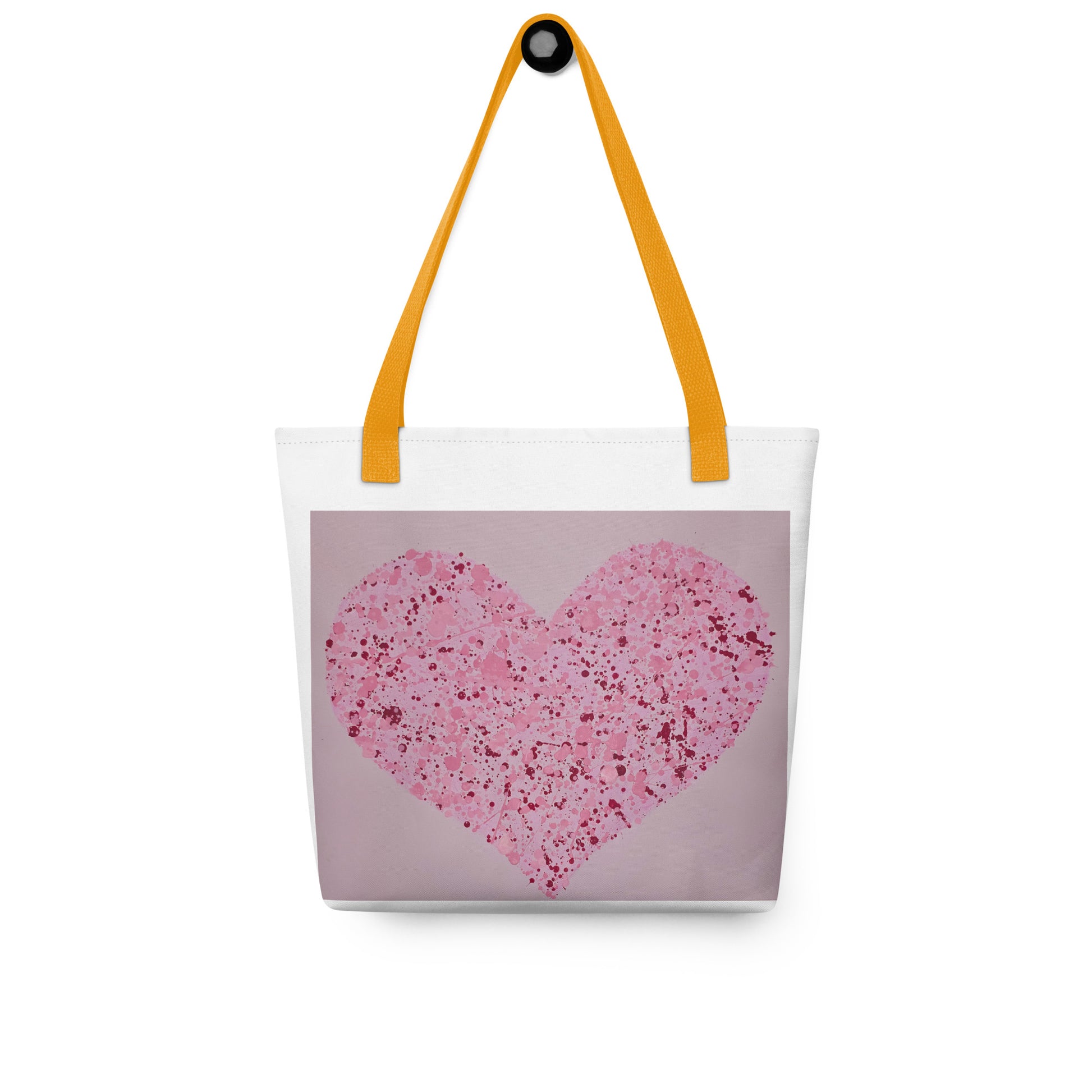 Large canvas tote with heart print in pink with yellow handles from NUSH'S STORE