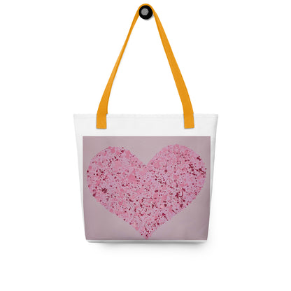 Large canvas tote with heart print in pink with yellow handles from NUSH'S STORE