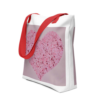 Large canvas tote with heart print in pink and white featuring red shoulder straps from NUSH'S STORE