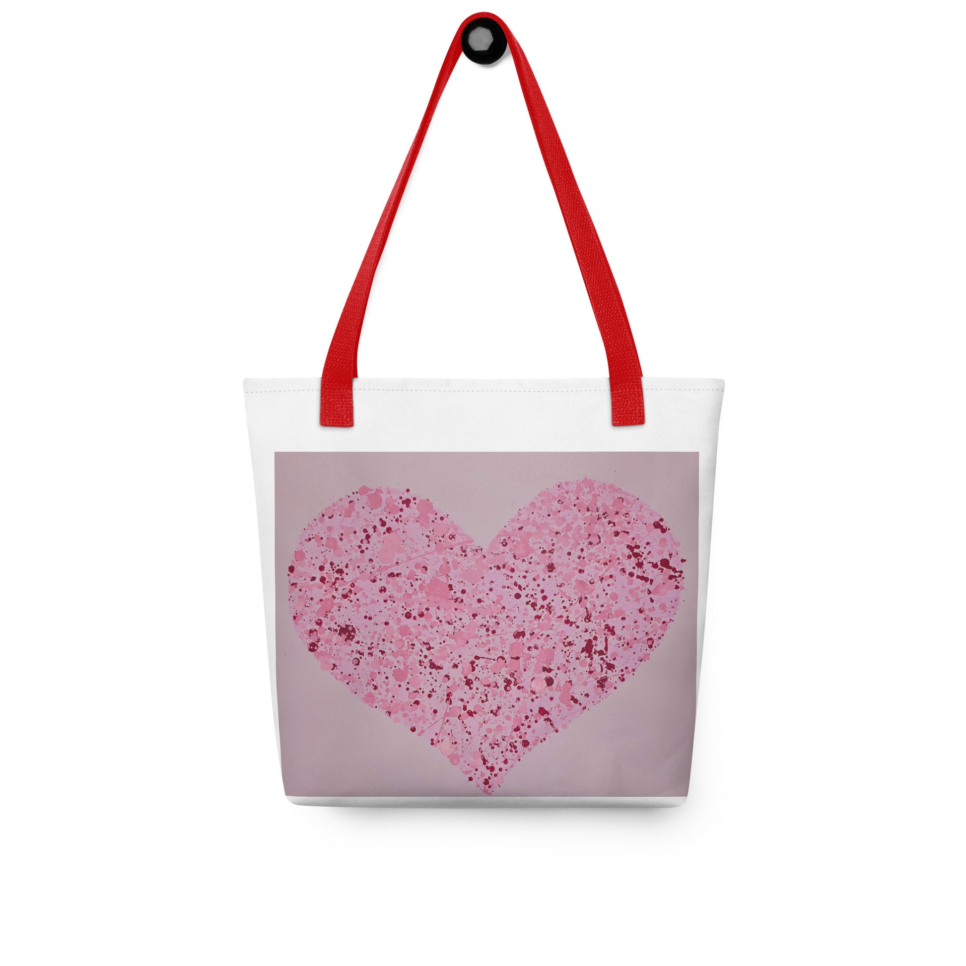 Large canvas tote with heart print featuring pink heart design and red handles from NUSH'S STORE