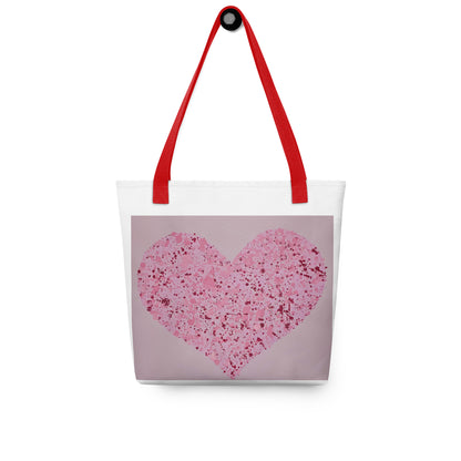 Large canvas tote with heart print featuring pink heart design and red handles from NUSH'S STORE