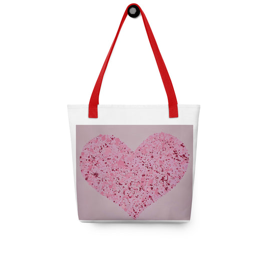 Large canvas tote with heart print featuring pink heart design and red handles from NUSH'S STORE