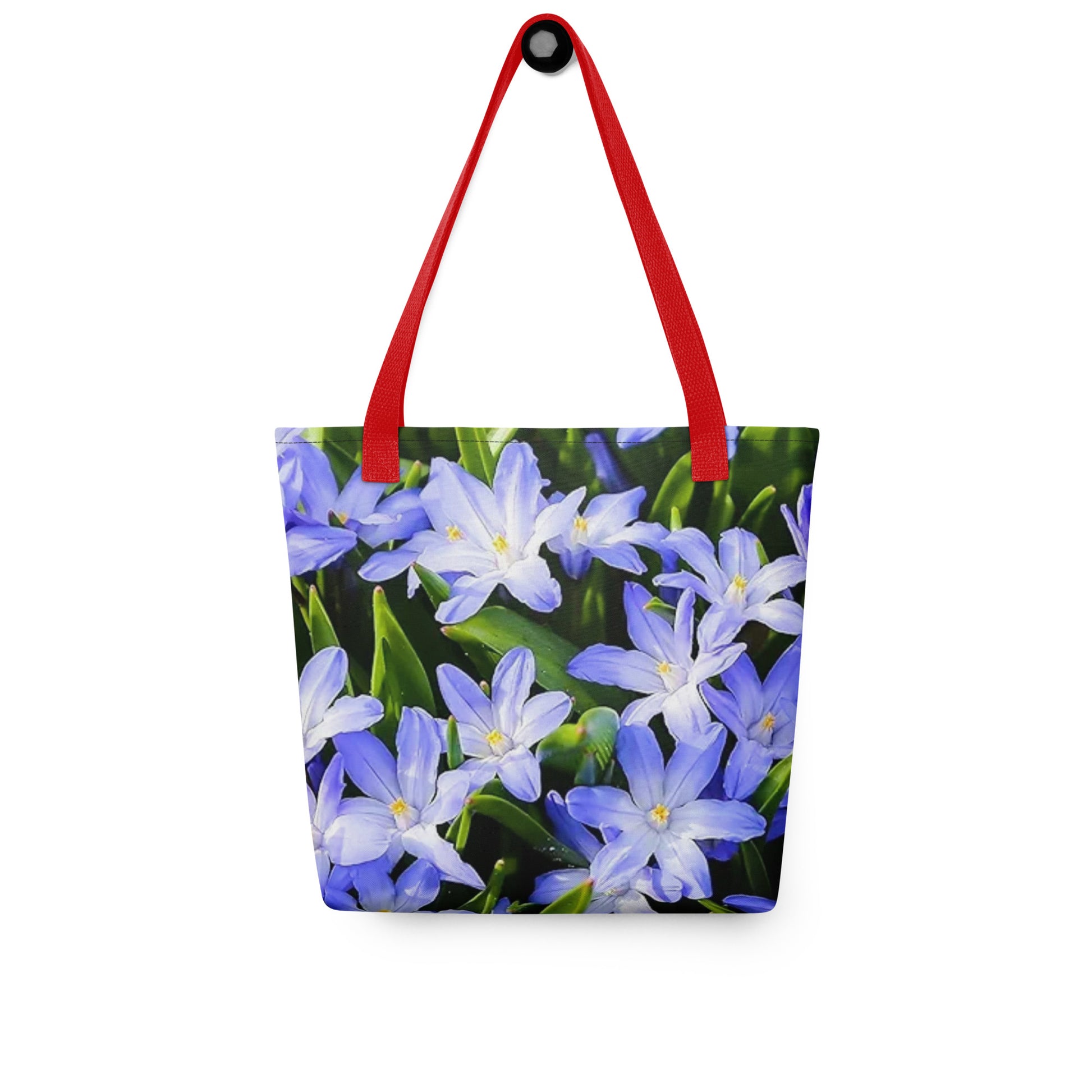 Large floral print tote bag with purple flowers and red handles from NUSH'S STORE
