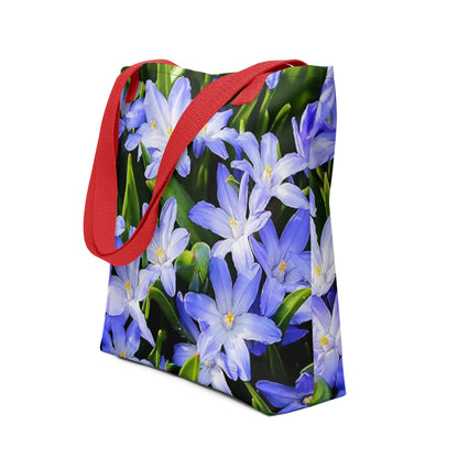 Large floral print tote bag with blue flowers and red handles from NUSH'S STORE