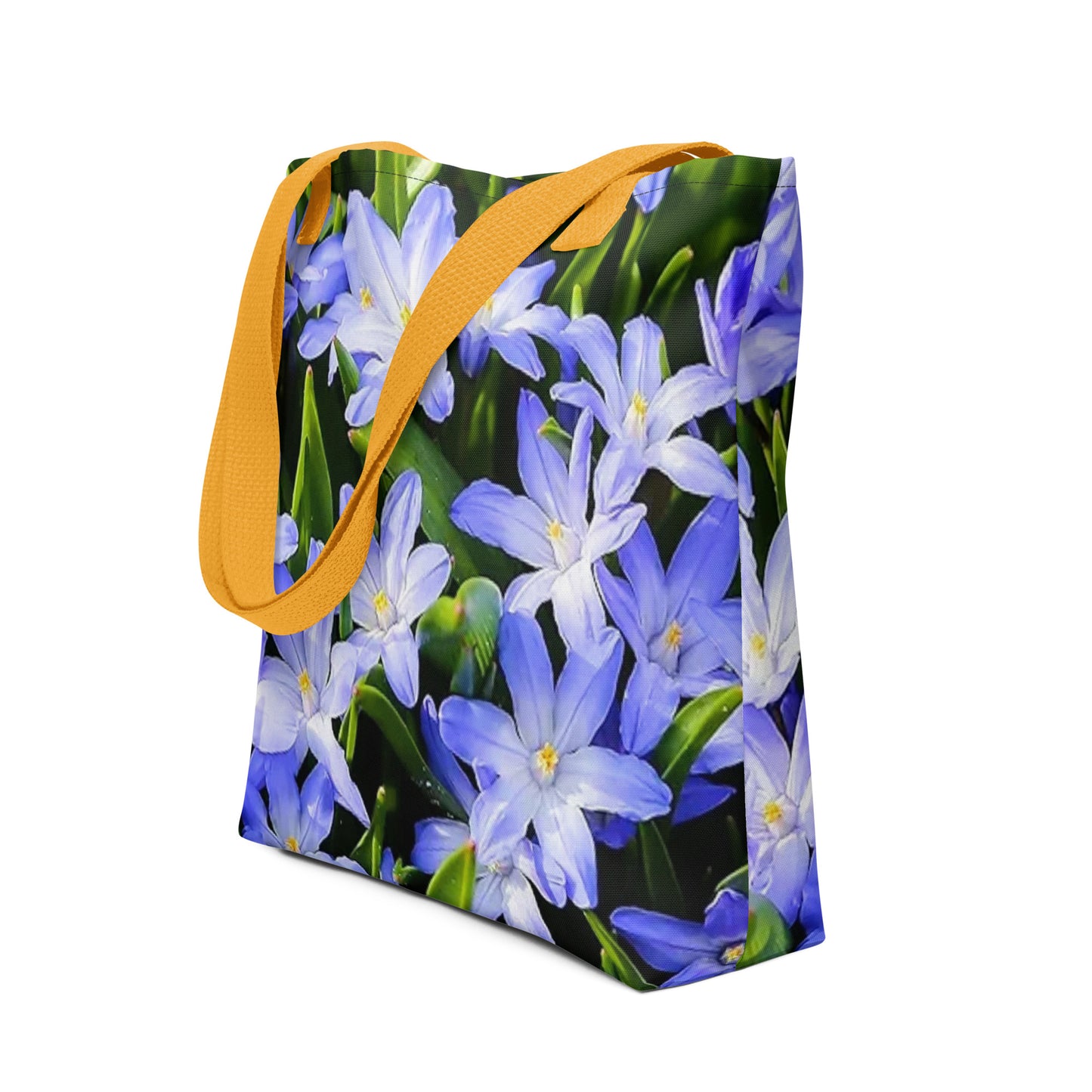 Large floral print tote bag with purple flowers and yellow straps from NUSH'S STORE