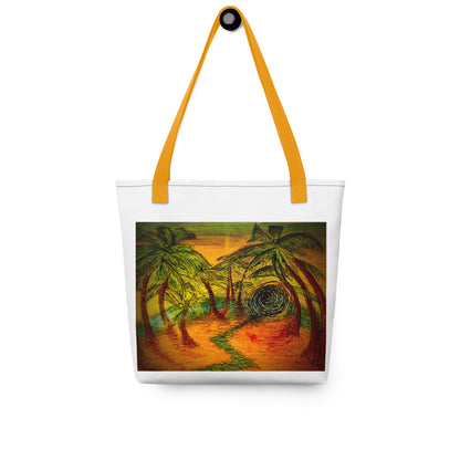White tote bag with orange handles featuring a vibrant palm tree print tote bag design