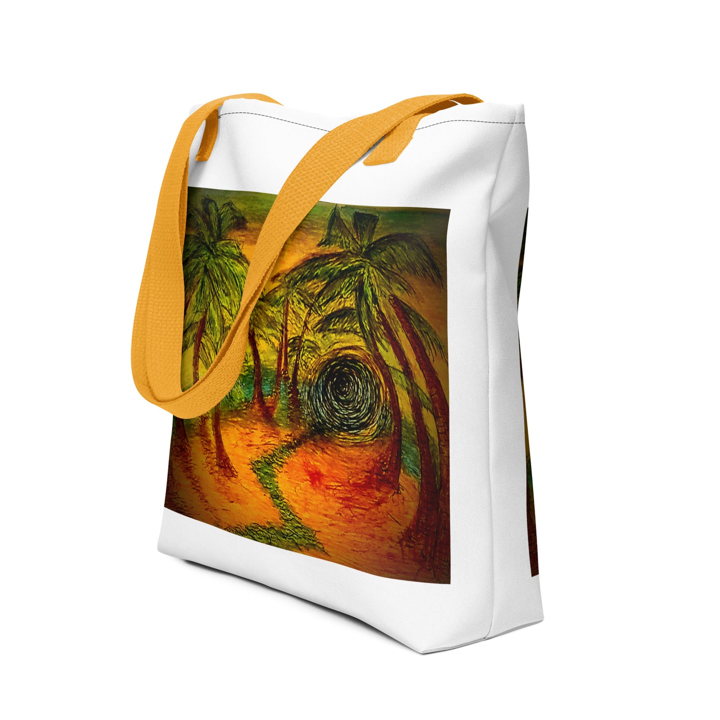 White palm tree print tote bag with yellow straps featuring an artistic tropical forest design