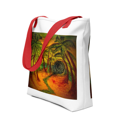 White palm tree print tote bag with red handles featuring a tropical sunset design