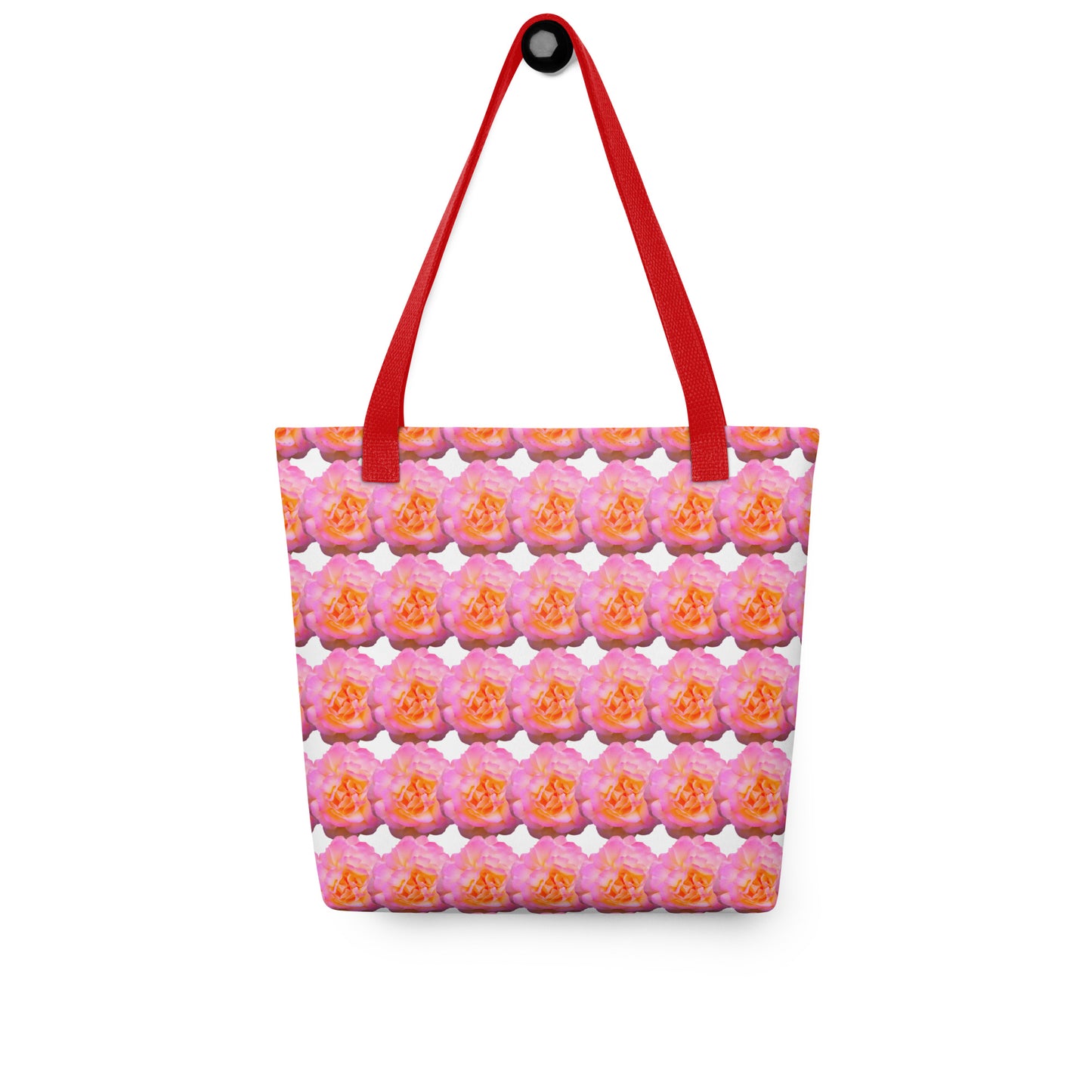 Pink flower print tote with vibrant floral design and red shoulder straps by NUSH'S STORE