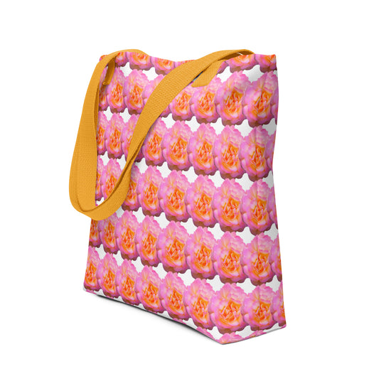 Pink flower print tote with bright floral pattern and mustard yellow shoulder straps from NUSH'S STORE