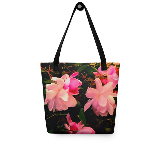 Pink flower tote bag for women with black straps and vibrant floral design from NUSH'S STORE